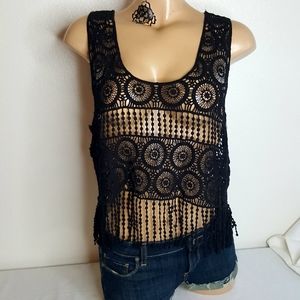 I love S&S inc. Black crochet fringed tank O/S S